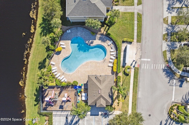 aerial view featuring a water view