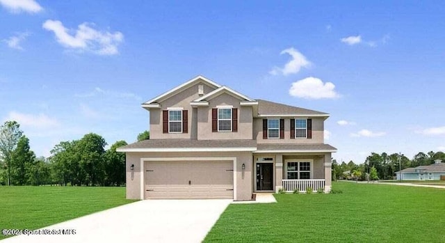 view of front of home featuring a front yard and a garage