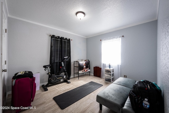 exercise room featuring a textured ceiling, light hardwood / wood-style floors, and crown molding