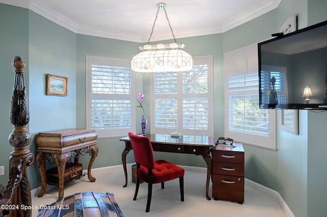 carpeted office space featuring a healthy amount of sunlight and ornamental molding