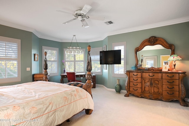 bedroom with crown molding, light colored carpet, and ceiling fan with notable chandelier