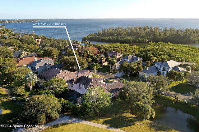 bird's eye view with a water view