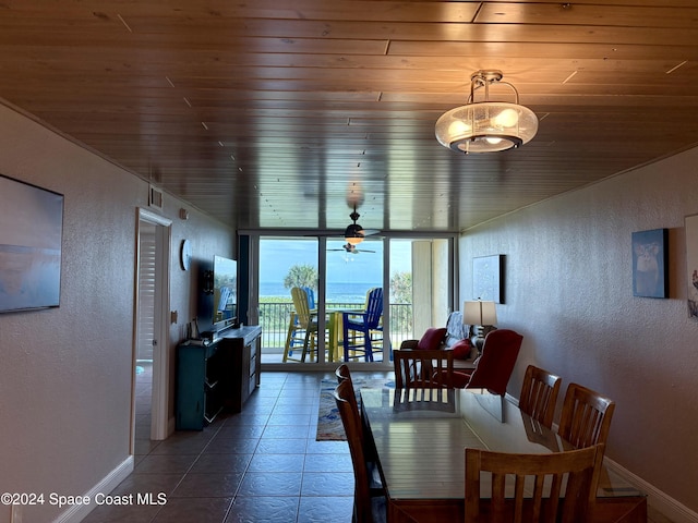 dining room featuring tile patterned floors, ceiling fan, and wooden ceiling