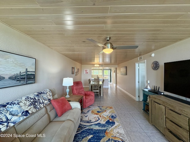 living room featuring ceiling fan, light tile patterned floors, and wooden ceiling