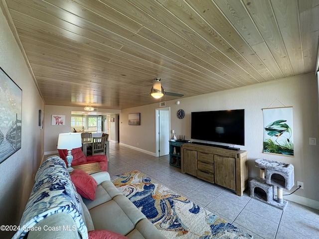 living room with ceiling fan, wood ceiling, and light tile patterned floors