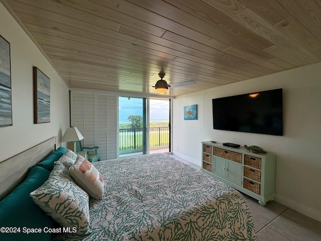 bedroom with ceiling fan, wooden ceiling, and access to outside