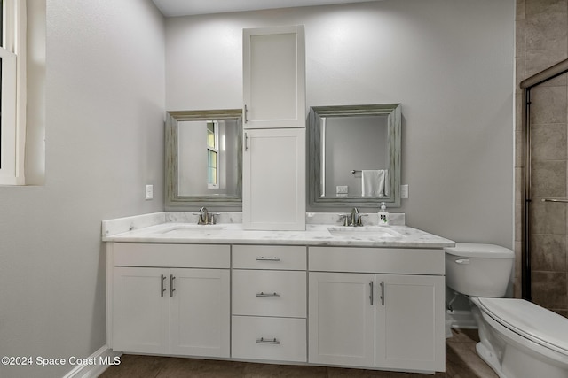 bathroom with vanity, toilet, and walk in shower