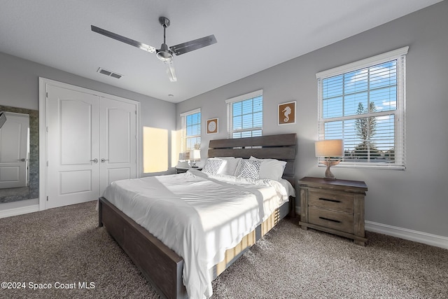 bedroom with multiple windows, carpet floors, a closet, and ceiling fan