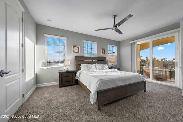 bedroom with carpet flooring, ceiling fan, access to outside, and multiple windows