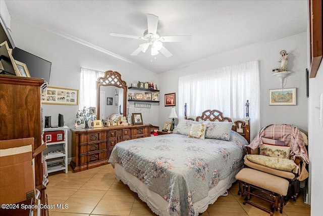 bedroom featuring ceiling fan and light tile patterned floors