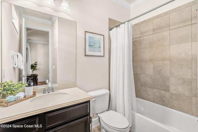 full bathroom featuring shower / bath combo, toilet, ornamental molding, and vanity