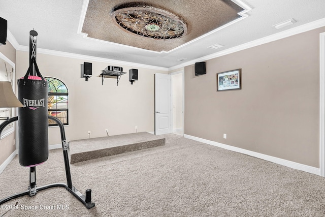 exercise area featuring a raised ceiling, carpet, a textured ceiling, and ornamental molding