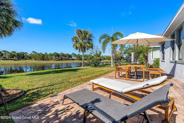 view of patio featuring a water view