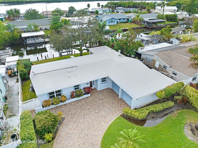 drone / aerial view featuring a water view