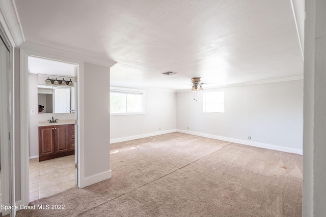 carpeted spare room featuring a textured ceiling, ceiling fan, sink, and crown molding