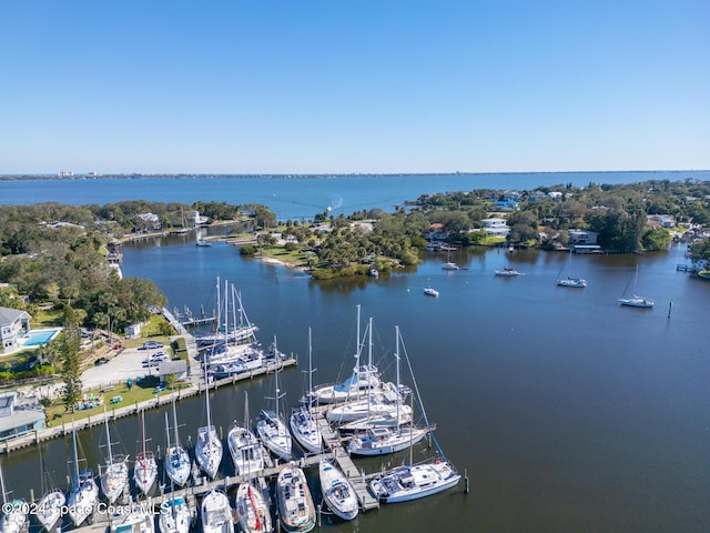 aerial view featuring a water view