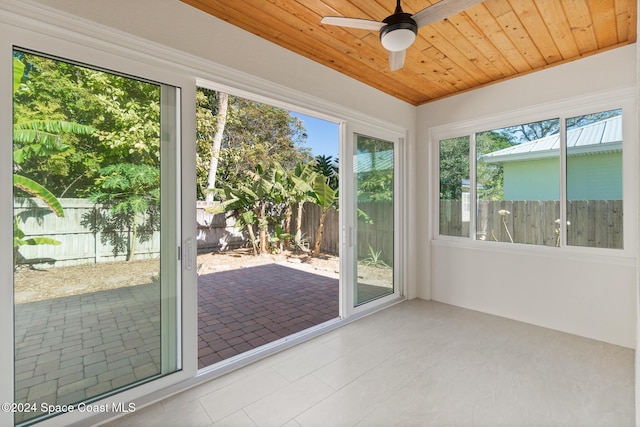 unfurnished sunroom featuring ceiling fan and wood ceiling