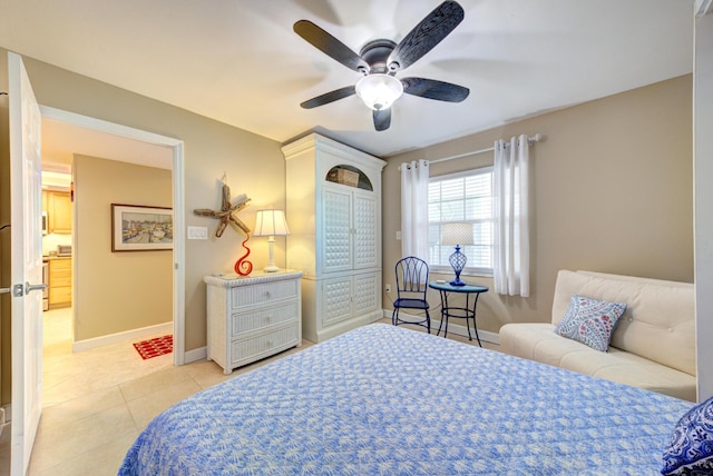 bedroom with ceiling fan and light tile patterned flooring