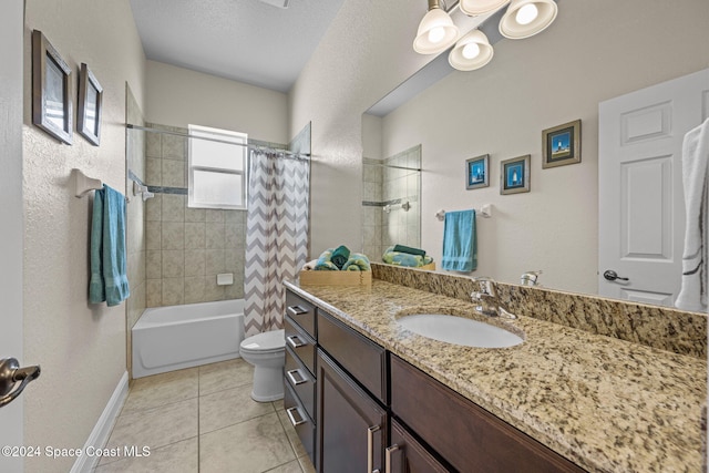 full bathroom featuring tile patterned flooring, a textured ceiling, toilet, vanity, and shower / tub combo