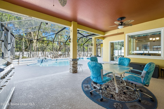 view of patio with ceiling fan, a fenced in pool, and glass enclosure