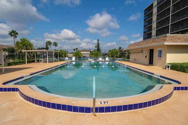 view of swimming pool with a patio