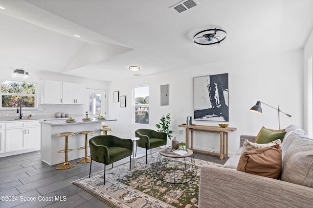 living room featuring electric panel, vaulted ceiling, dark wood-type flooring, and sink