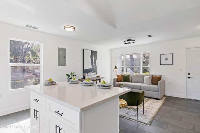 kitchen with electric panel, light stone counters, white cabinetry, and a wealth of natural light