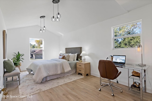 bedroom with light hardwood / wood-style floors and vaulted ceiling