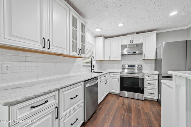 kitchen featuring white cabinetry, sink, tasteful backsplash, dark hardwood / wood-style flooring, and appliances with stainless steel finishes