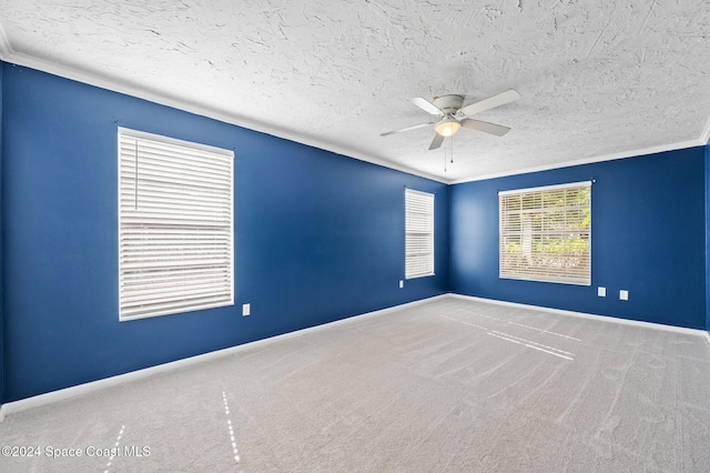 spare room featuring carpet flooring, crown molding, ceiling fan, and a textured ceiling