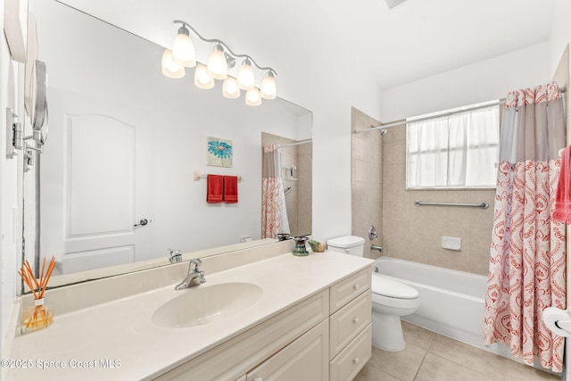 full bathroom featuring toilet, vanity, tile patterned floors, and shower / bath combination with curtain