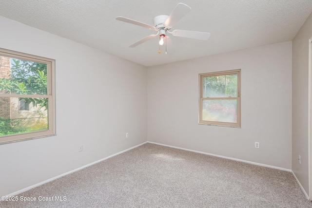 empty room with carpet flooring, plenty of natural light, ceiling fan, and a textured ceiling