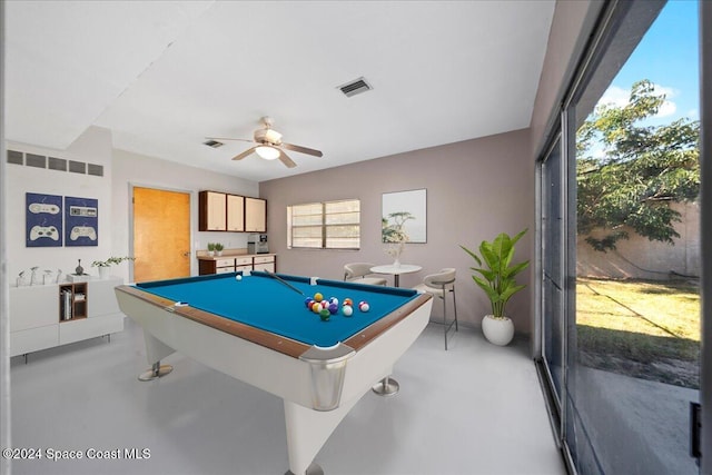 rec room featuring ceiling fan and pool table