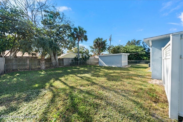 view of yard featuring a storage unit