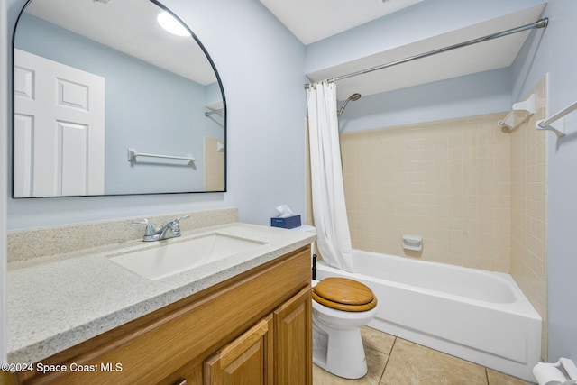 full bathroom with tile patterned floors, vanity, toilet, and shower / bathtub combination with curtain