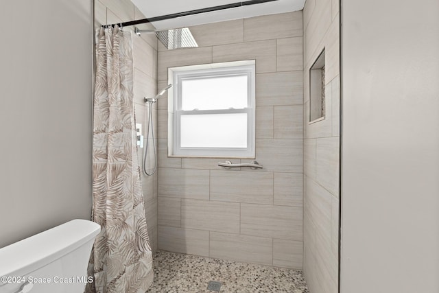 bathroom with a shower with curtain and toilet