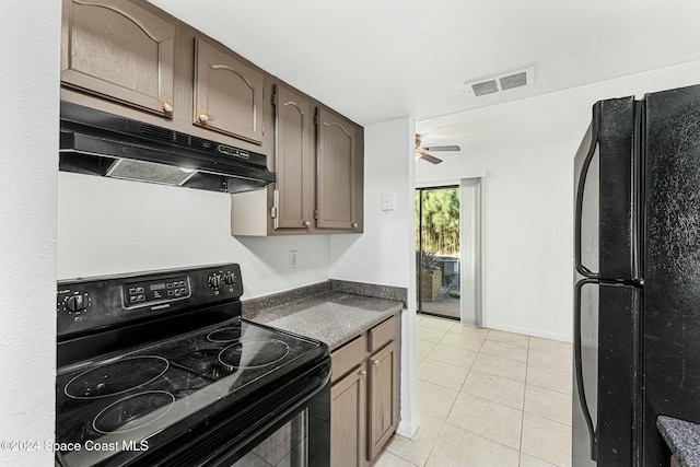 kitchen with dark brown cabinets, light tile patterned floors, ceiling fan, and black appliances