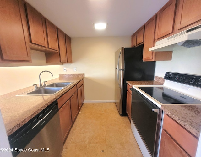 kitchen featuring dishwasher, white range with electric stovetop, and sink