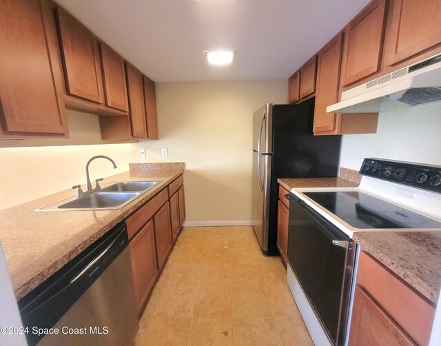 144 San Paulo Cir Unit 10-144, West Melbourne, FL 32904 - kitchen featuring electric stove, dishwasher, under cabinet range hood, and brown cabinets