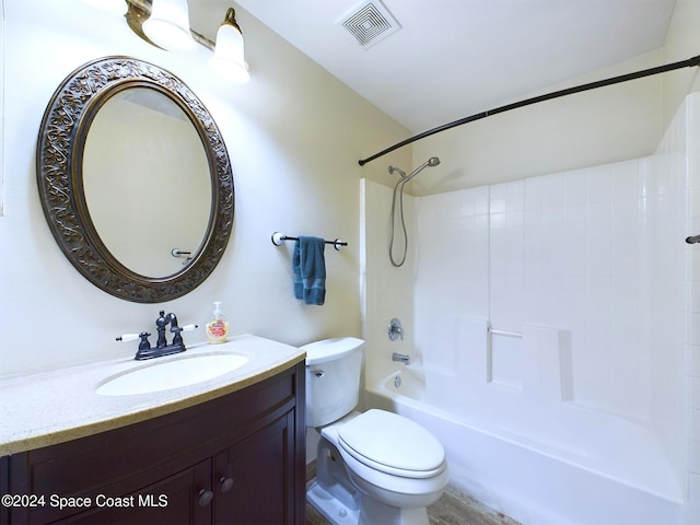 full bathroom with toilet, vanity, and bathing tub / shower combination