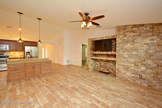 kitchen with appliances with stainless steel finishes, tasteful backsplash, hanging light fixtures, light wood-type flooring, and vaulted ceiling