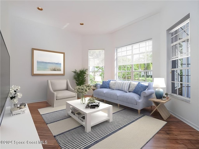 living room featuring dark wood-type flooring