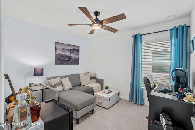 living room with ceiling fan and light carpet