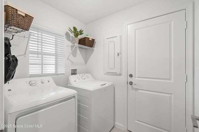 clothes washing area featuring electric panel and washing machine and clothes dryer