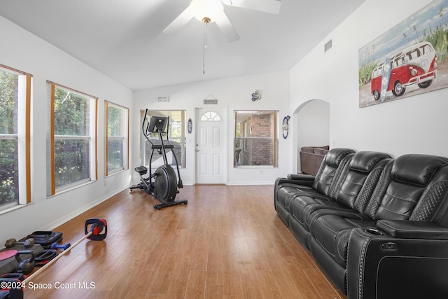 interior space with ceiling fan, light hardwood / wood-style flooring, and vaulted ceiling