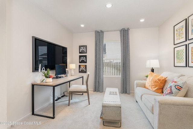 living room with light colored carpet