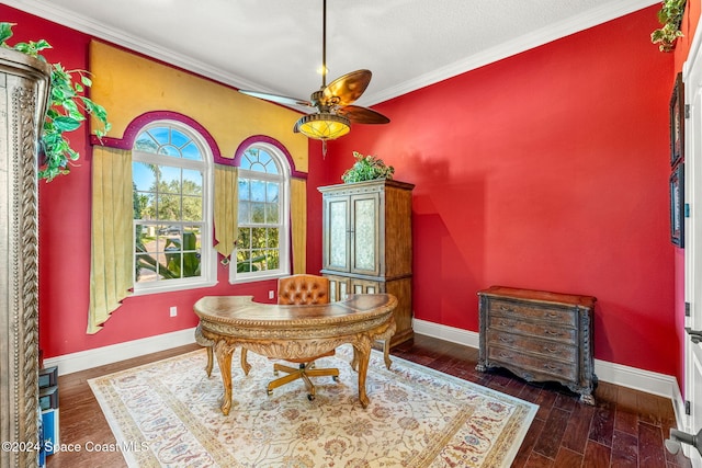 dining space with crown molding, ceiling fan, and dark hardwood / wood-style floors