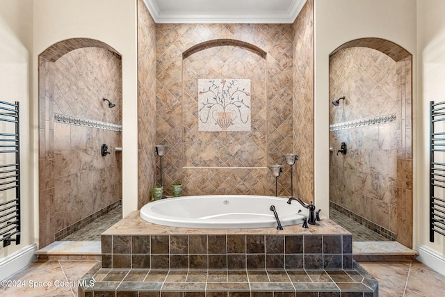 bathroom with separate shower and tub and crown molding