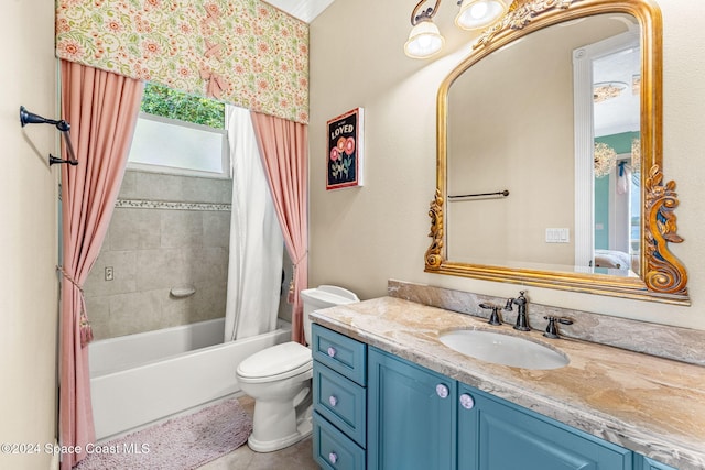 full bathroom featuring tile patterned flooring, shower / bath combo with shower curtain, vanity, and toilet