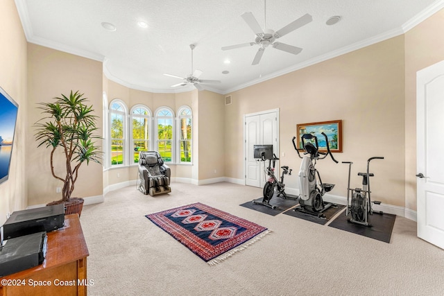 exercise area with carpet flooring, ceiling fan, a textured ceiling, and ornamental molding